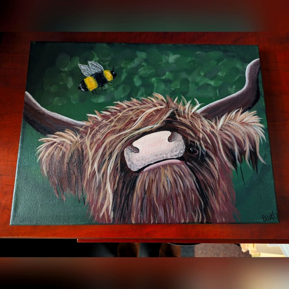 Painting by me: Highland cow with bumblebee